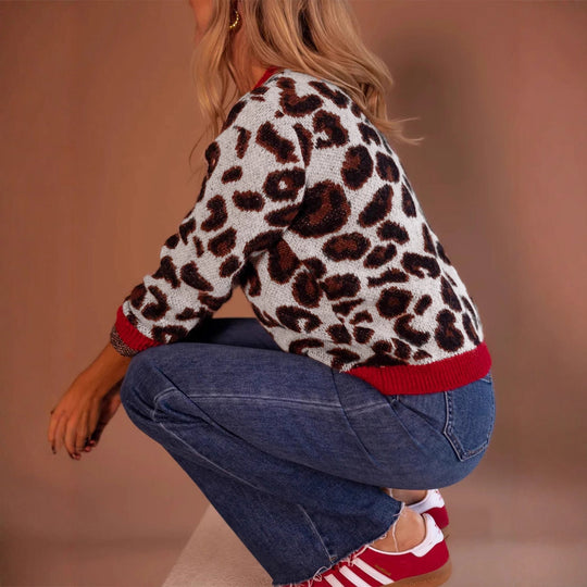 Damen modischer Pullover mit Leopardenmuster und kontrastierenden Bündchen EB