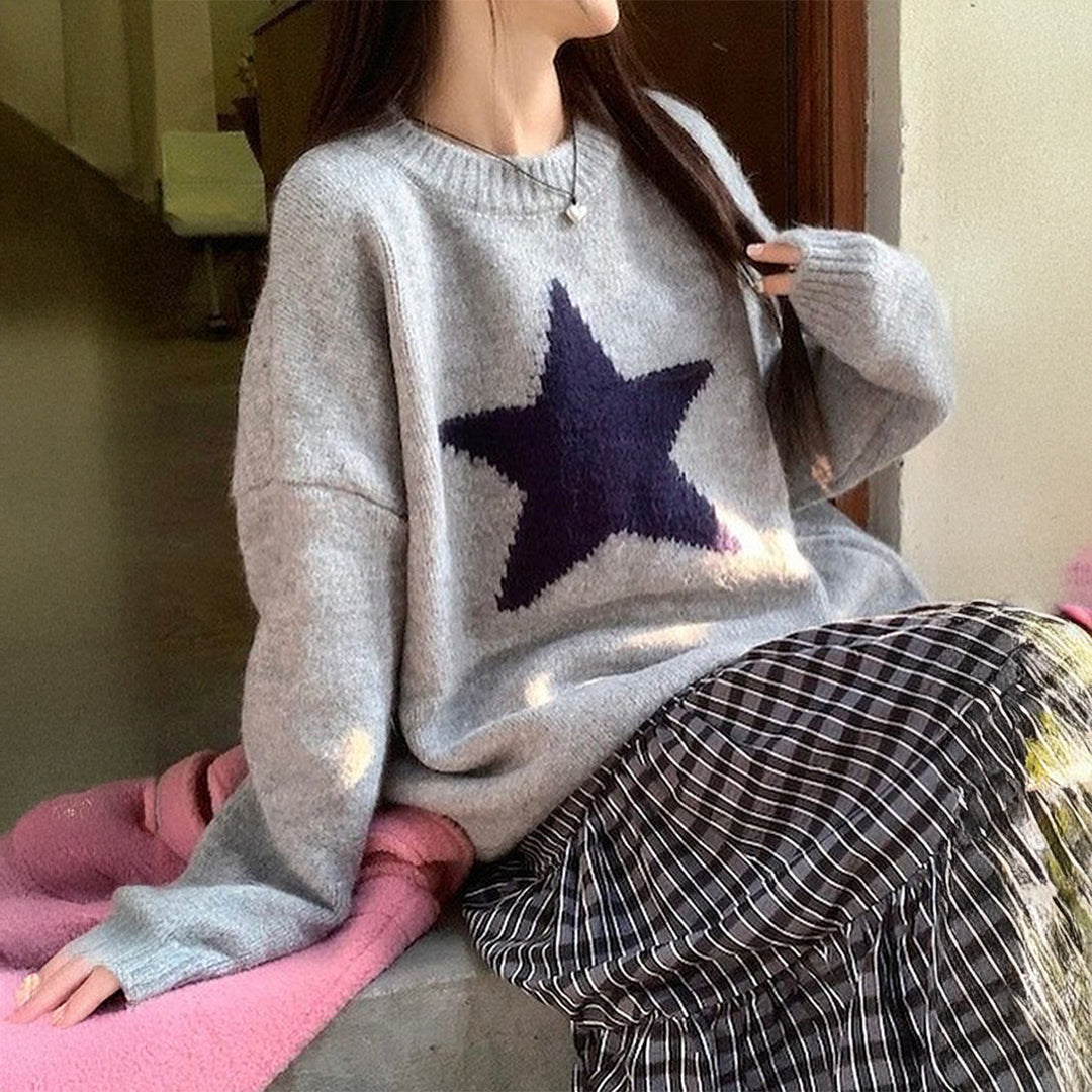 Damen nan oversized Strickpullover mit markantem Sternmotiv, Rundhalsausschnitt und gerippten Bündchen EB