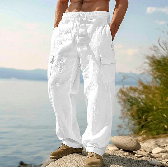 Herren nan weite Casual-Cargohose aus Leinen-Baumwollmix mit Elastikbund, Tunnelzug und großen Pattentaschen EB
