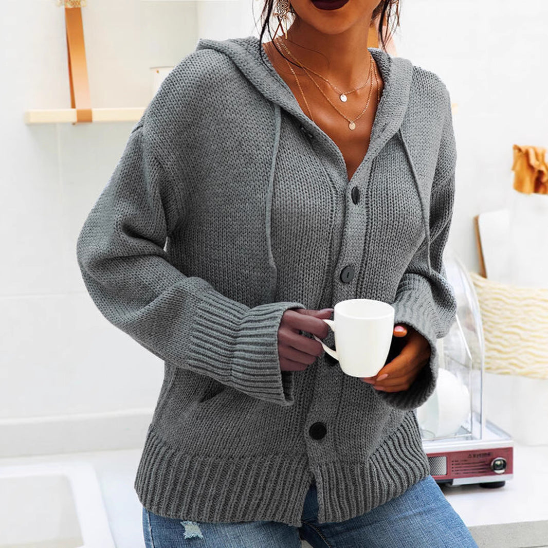 Damen kuschelige Strickjacke mit Kapuze und praktischen Taschen EB