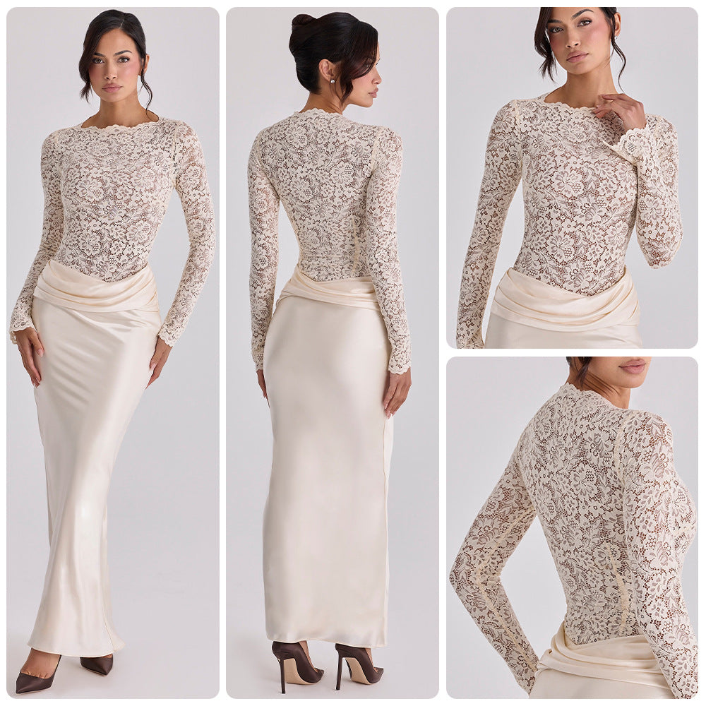 Damen Elegante Spitzenbluse mit fließendem Satinrock EB