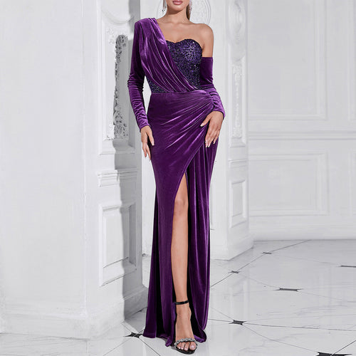 Damen Samt Abendkleid mit asymmetrischem Ausschnitt und eleganter Drapierung EB