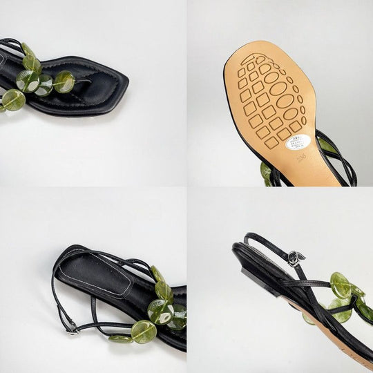 Damen elegante Zehentrenner-Sandalen mit zierlichem Blätter-Design EB