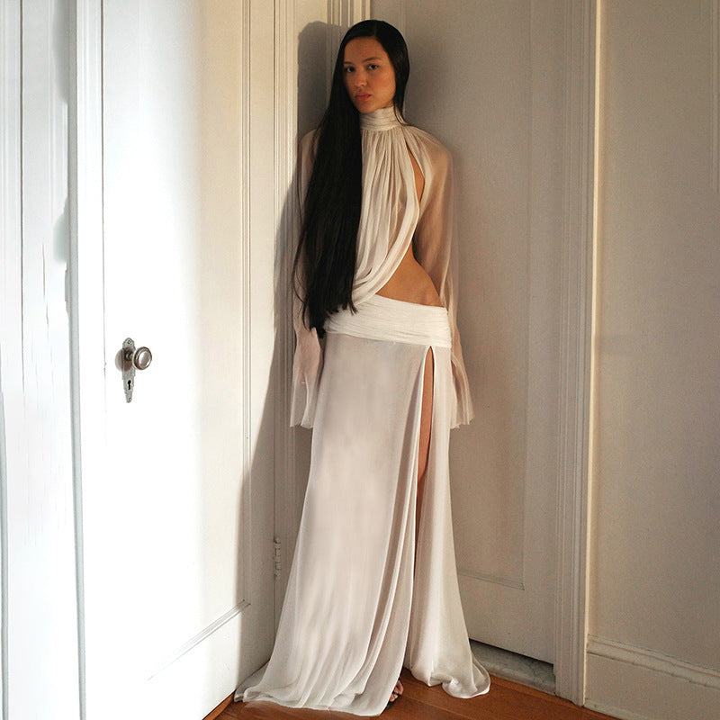 Damen elegantes Maxikleid mit durchscheinenden Ärmeln und seitlichem Schlitz EB