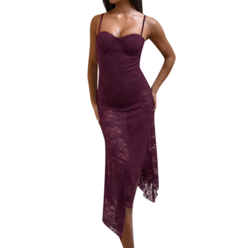 Damen Spitzen-Maxikleid mit aufregendem asymmetrischen Saum EB