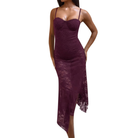 Damen Spitzen-Maxikleid mit aufregendem asymmetrischen Saum EB