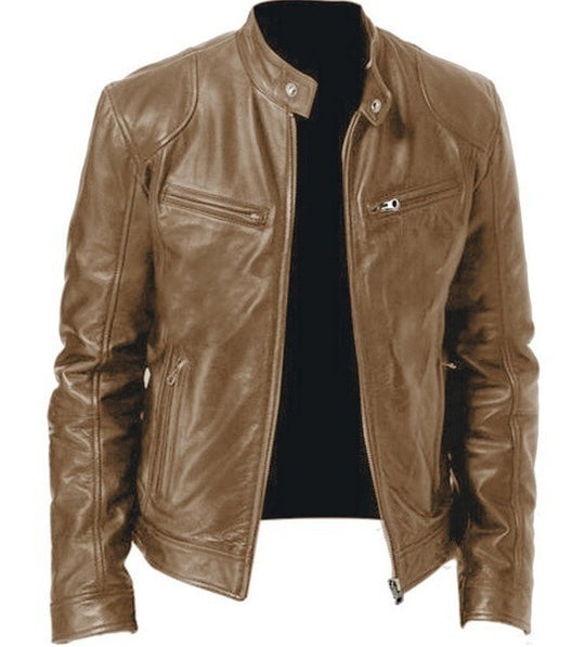 Herren nan vintage-inspirierte Lederjacke im Bikerstil mit Stehkragen und sichtbaren Reißverschlüssen EB