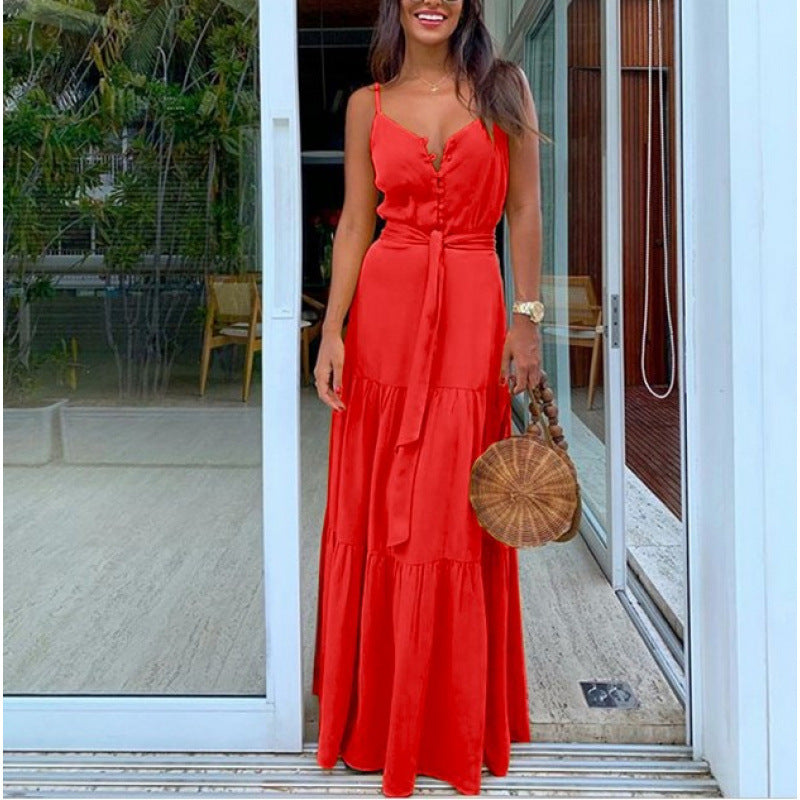 Damen Maxi-Kleid mit knöpfbarem Ausschnitt und Taillengürtel EB