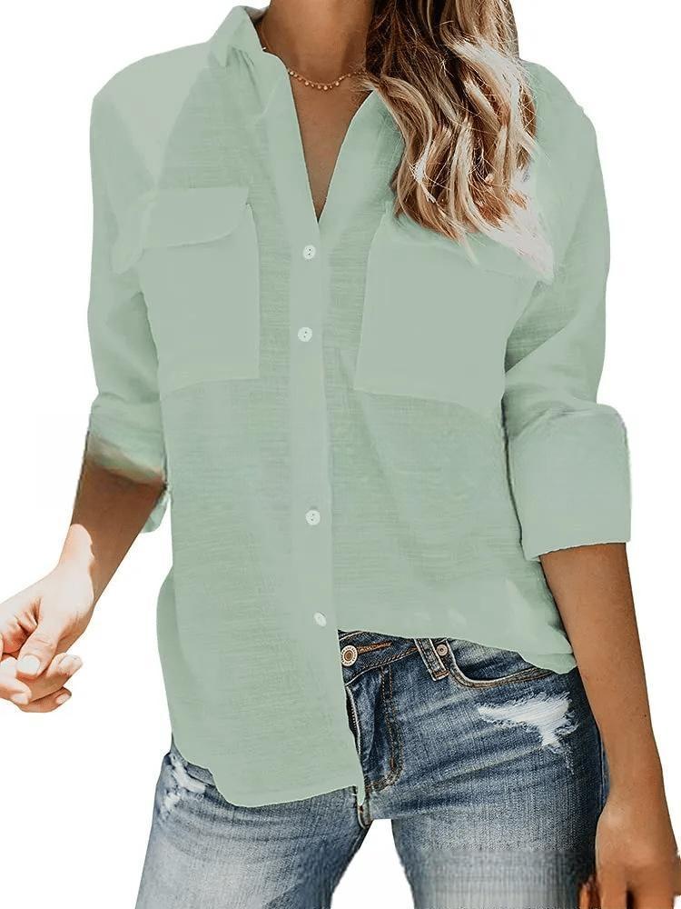 Damen leichte Sommerbluse mit zwei Brusttaschen und aufgerollten Ärmeln EB