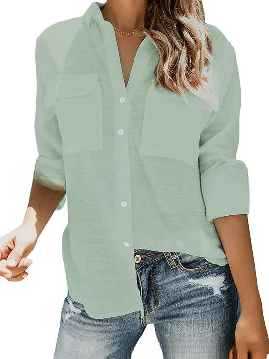 Damen leichte Sommerbluse mit zwei Brusttaschen und aufgerollten Ärmeln EB