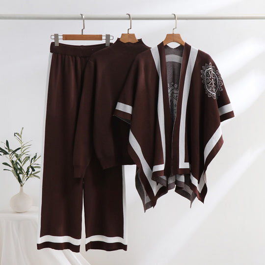 Damen elegantes Strick-Loungewear-Set mit grafischem Muster und weiten Ärmeln EB