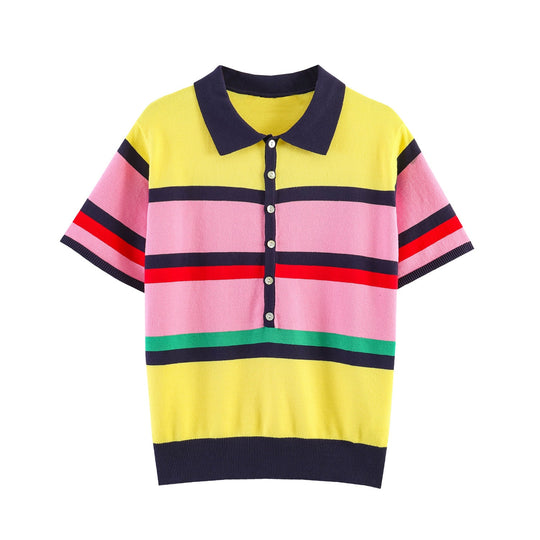 Damen Kurzarm Polo-Shirt mit buntem Streifenmuster EB