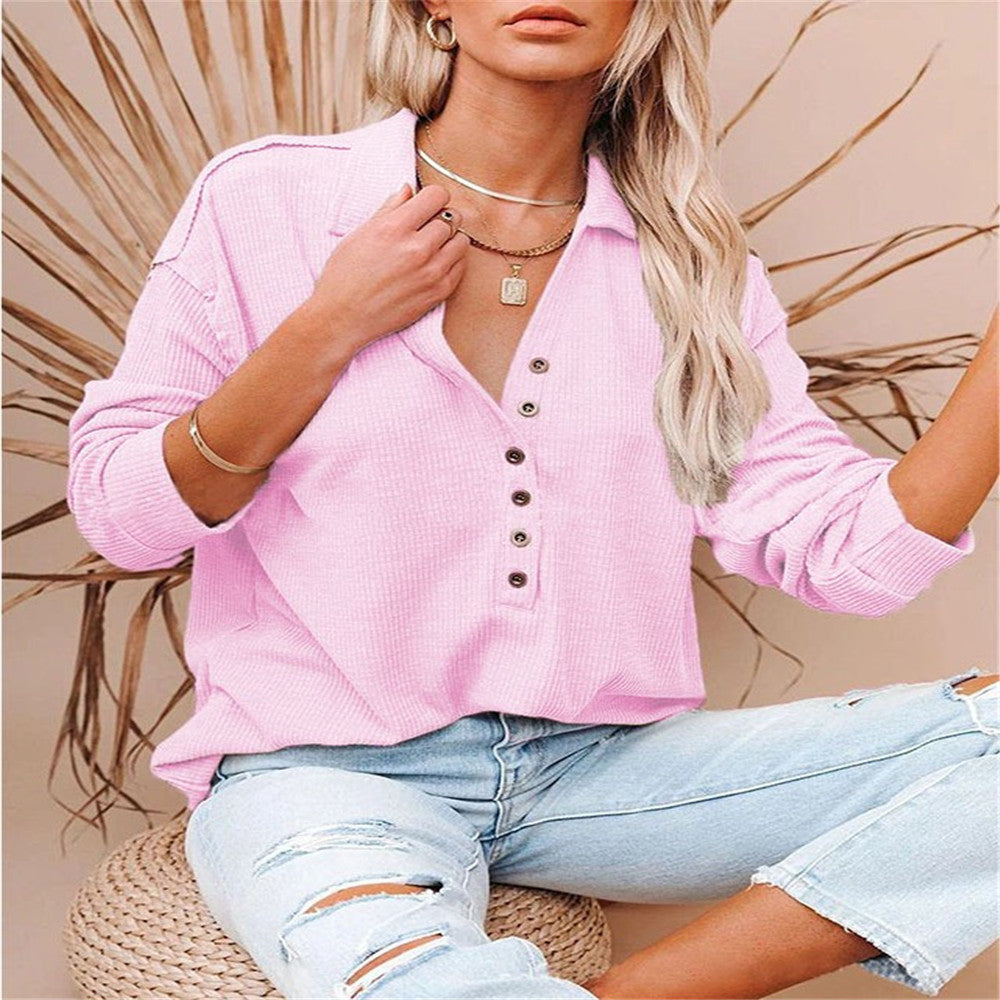 Damen nan lässiges Waffel-Polohemd mit Henley-Knopfleiste und überschnittener Schulter EB