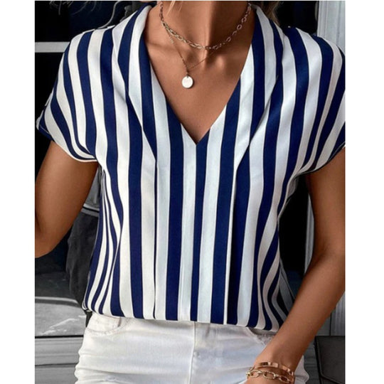 Damen Kurzarmbluse mit elegantem V-Ausschnitt und maritimem Streifenmuster Heidi-Mode