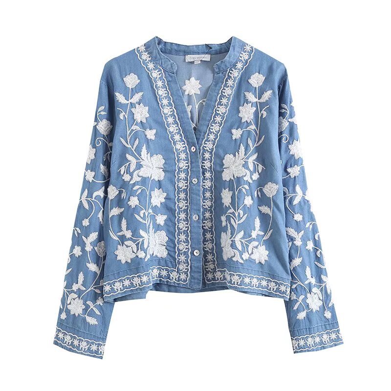 Damen bestickte Bluse im Vintage-Stil mit elegantem Kragen und Druckknopfverschluss EB