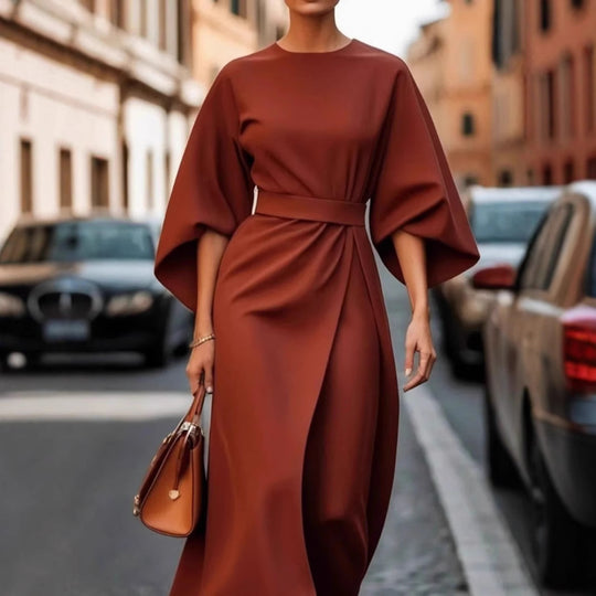Damen Maxi-Kleid mit voluminösen Ärmeln und elegantem Drapierungsdesign Heidi-Mode