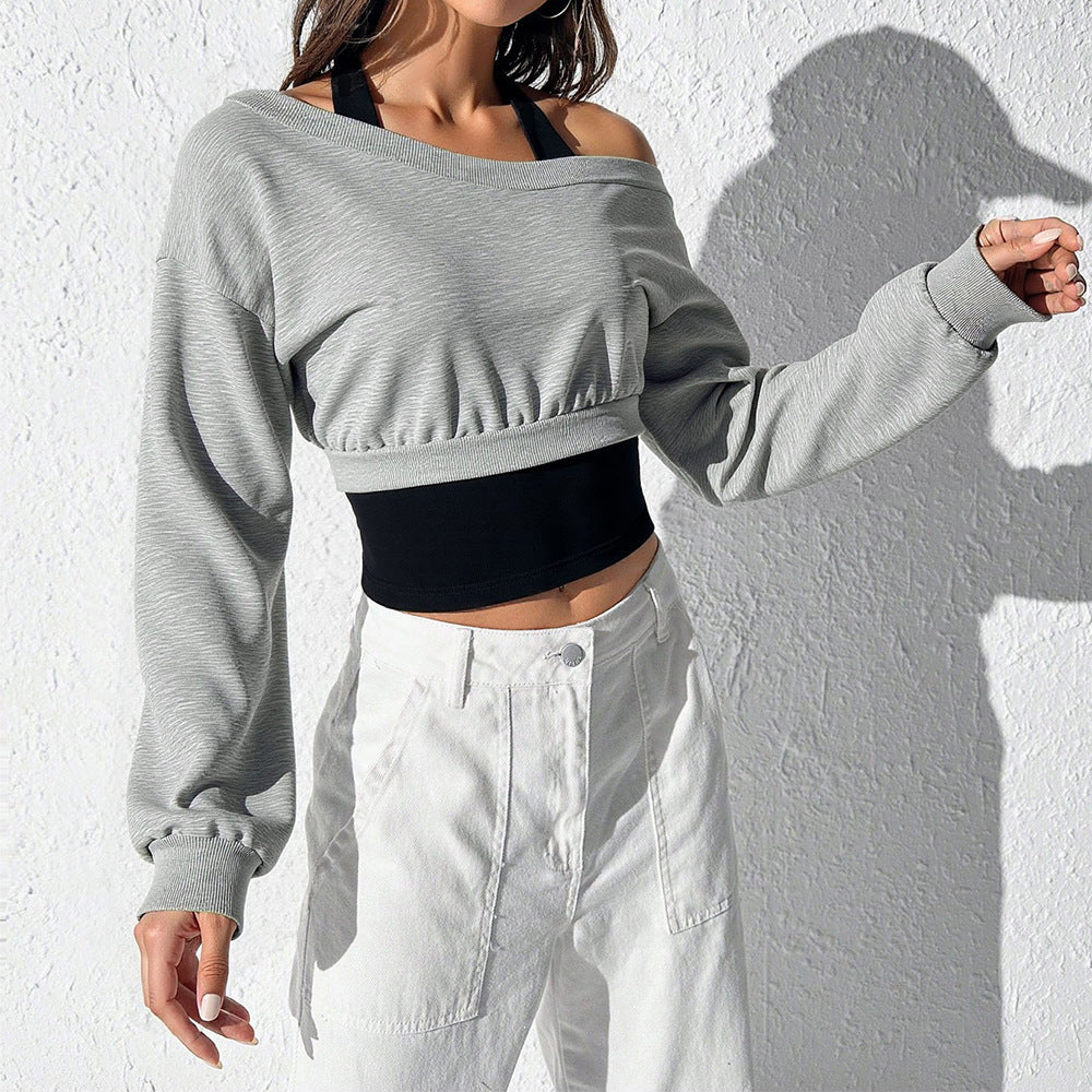 Damen cropped Sweatshirt mit weitem Carmen‑Ausschnitt, ballonärmeln und gerafftem Bund Eichborn Berlin