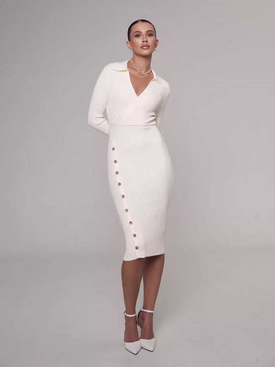Damen Strickkleid mit elegantem Kragen und Knopfdetail EB