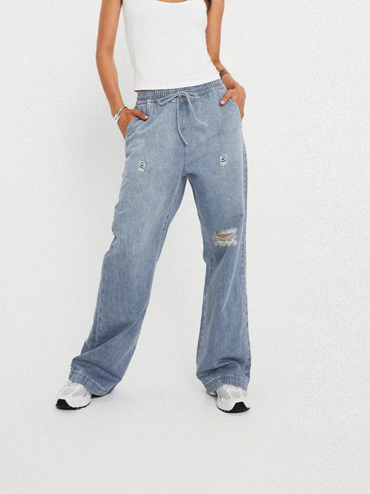 Damen Weite Denim-Hose mit modischen Ripped-Details und elastischem Bund EB