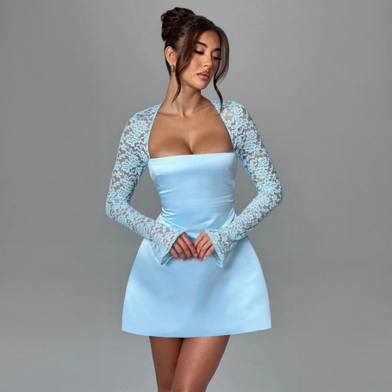 Damen elegantes Kleid mit luxuriösen Spitzenärmel und schickem Rückenverschluss EB