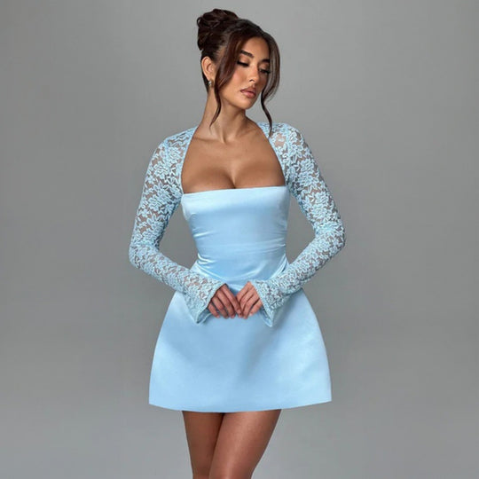 Damen elegantes Kleid mit luxuriösen Spitzenärmel und schickem Rückenverschluss EB