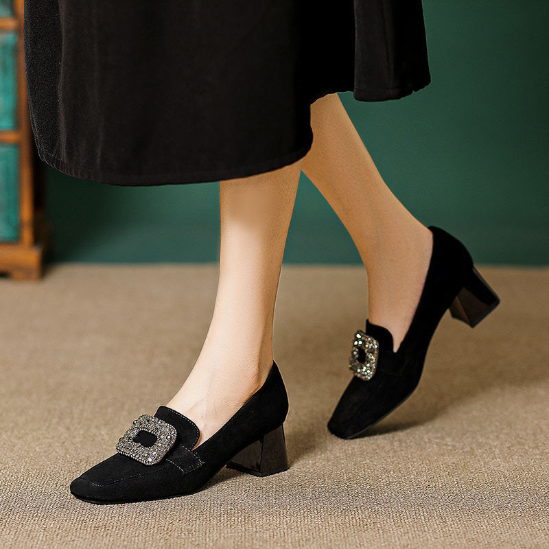 Damen Luxuriöse Blockabsatz-Pumps mit funkelnder Schnallenapplikation EB