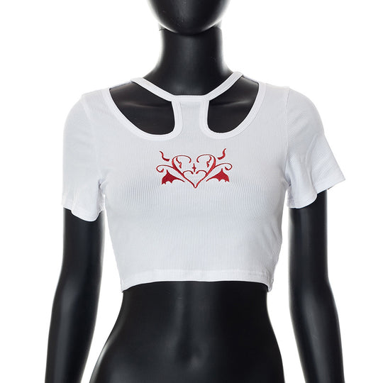 Damen Crop-Top mit kreativem Cut-Out und gesticktem Herzdesign EB