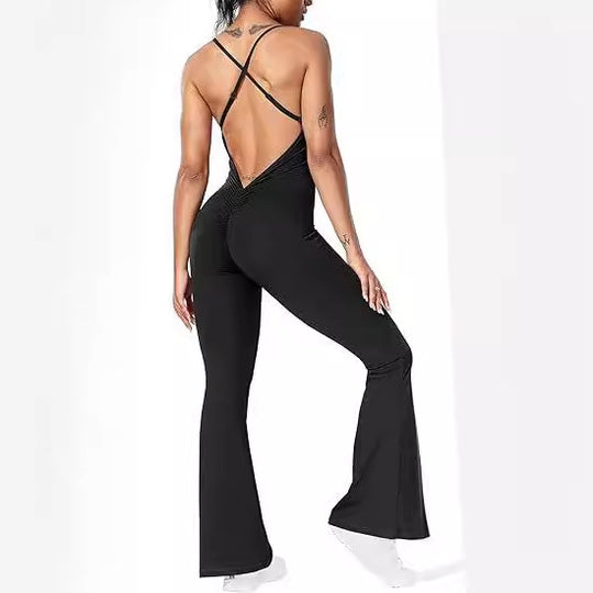 DamenSportlicher Jumpsuit mit schickem U-Ausschnitt und flared Beinen EB