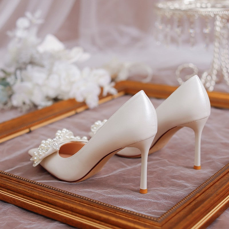 Damen Hochwertige Hochzeitspumps mit Perlenapplikation und raffiniertem Schleifendetail EB