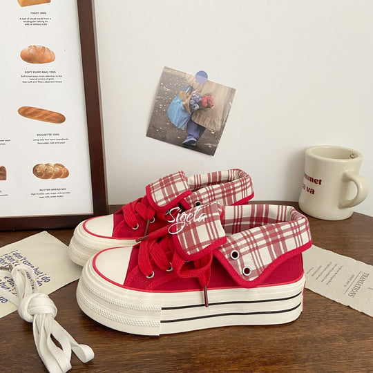 Damen Plateau-Sneaker mit abnehmbarem Kragen und modischen Karomustern EB
