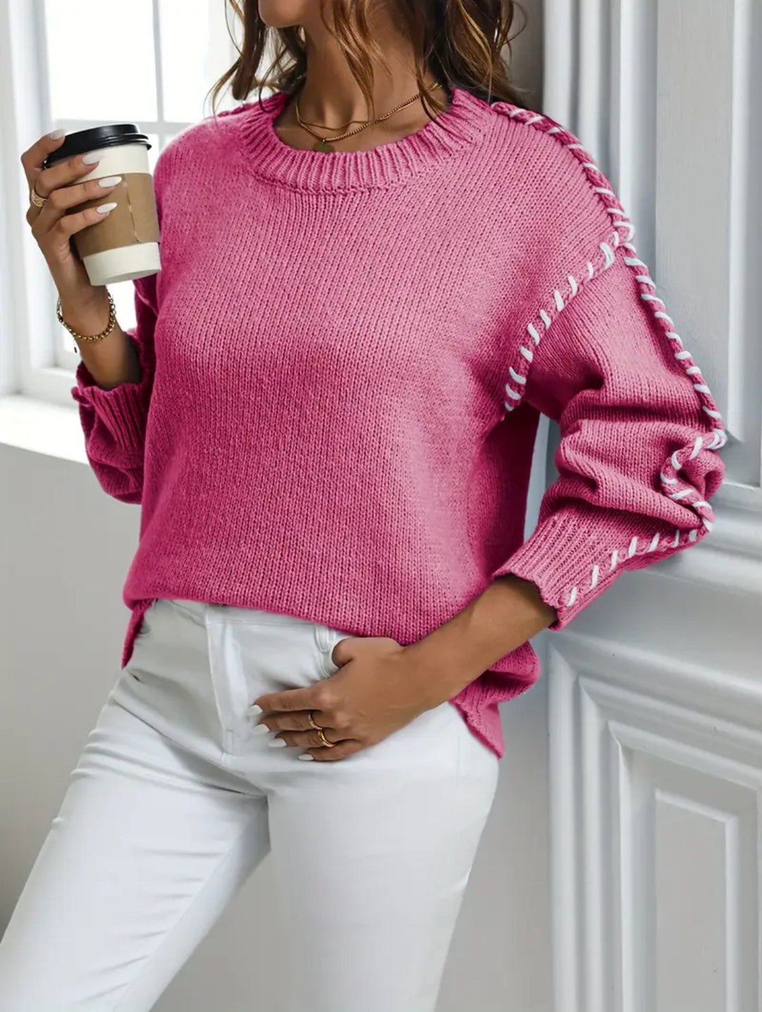 Damen Großer Strickpullover mit dekorativem Saum EB