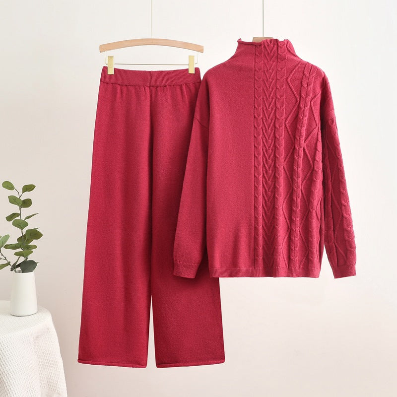 Damen gemütliches Strick-Loungewear-Set mit hochgeschlossenem Kragen EB
