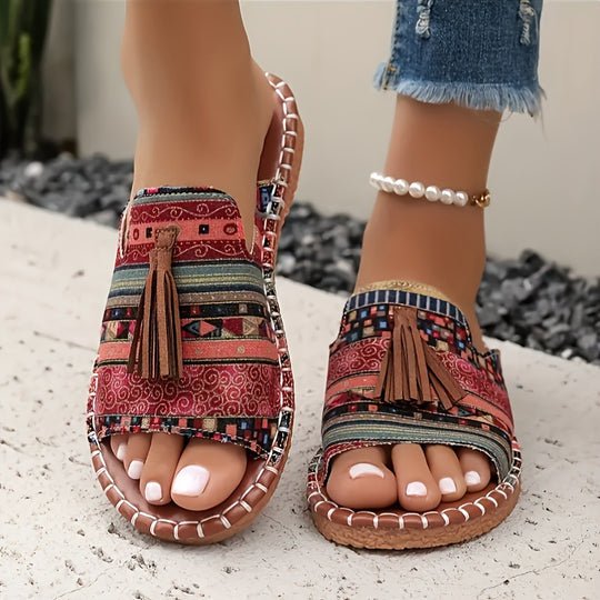 Damen Riemensandalen mit geflochtenem Muster und dekorativen Fransen EB