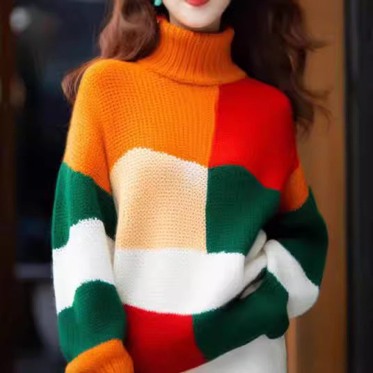 Damen Grobstrickpullover mit hohem Kragen und buntem Farbblockdesign EB