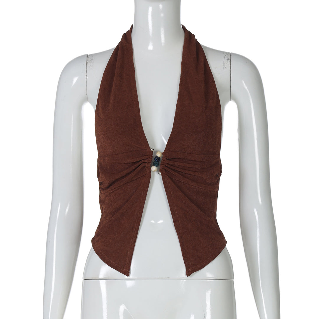 Damen Haltertop mit eleganter Raffung und dekorativen Perlen EB