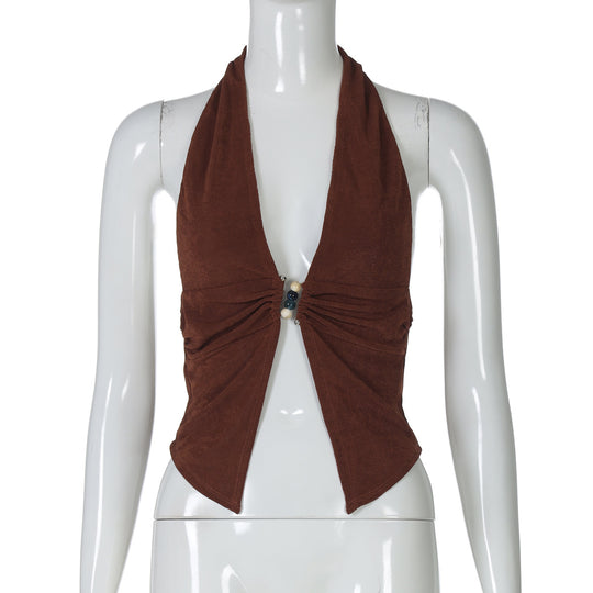 Damen Haltertop mit eleganter Raffung und dekorativen Perlen EB