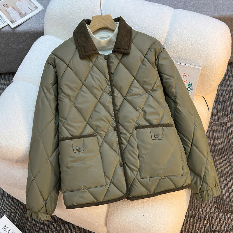 Damen nan karierter Thermo-Quiltblazer mit Cordkragen und aufgesetzten Druckknopf-Pattentaschen EB