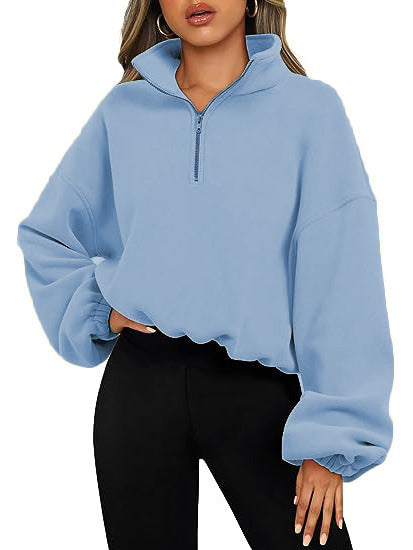 Damen nan kurz geschnittenes Halbzip-Sweatshirt mit hohem Stehkragen, Ballonärmeln und elastischem Saum EB