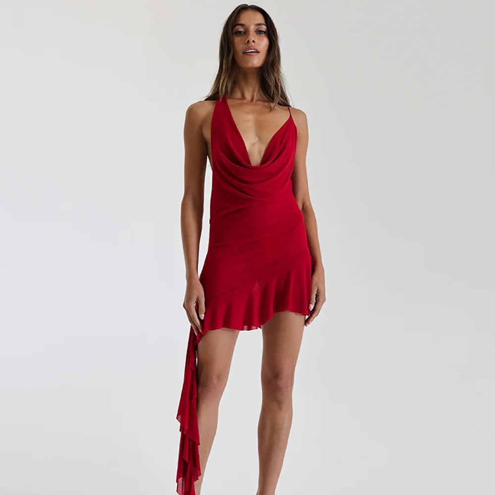 Damen Halterneck Minikleid mit fließendem Design und asymmetrischem Saum EB