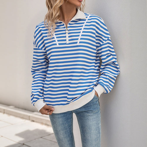 Damen lässiger Sweatshirt mit Stehkragen und modischem Streifenmuster EB