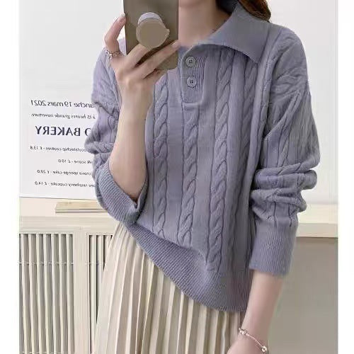 Damen Strickpullover mit Kragen und Knöpfen EB