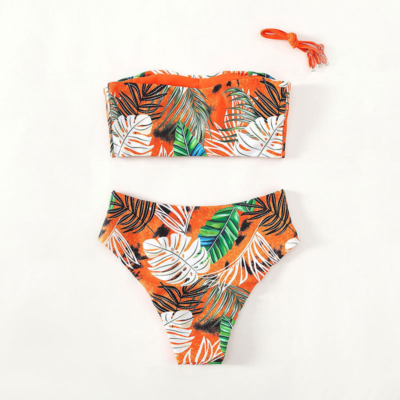 Damen Bandeau-Bikini mit lebhaftem Tropenmuster und hohem Taillenschnitt EB