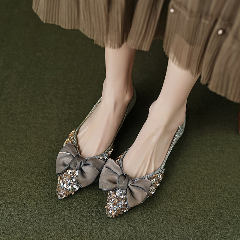 Damen elegante Ballerinas mit schimmerndem Strass- und Schleifenelement EB