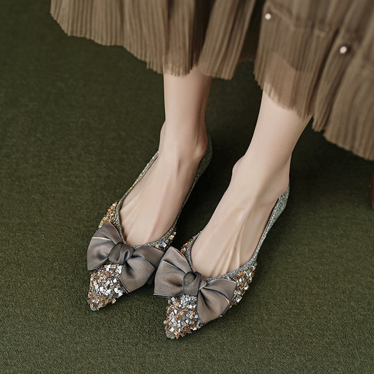 Damen elegante Ballerinas mit schimmerndem Strass- und Schleifenelement EB