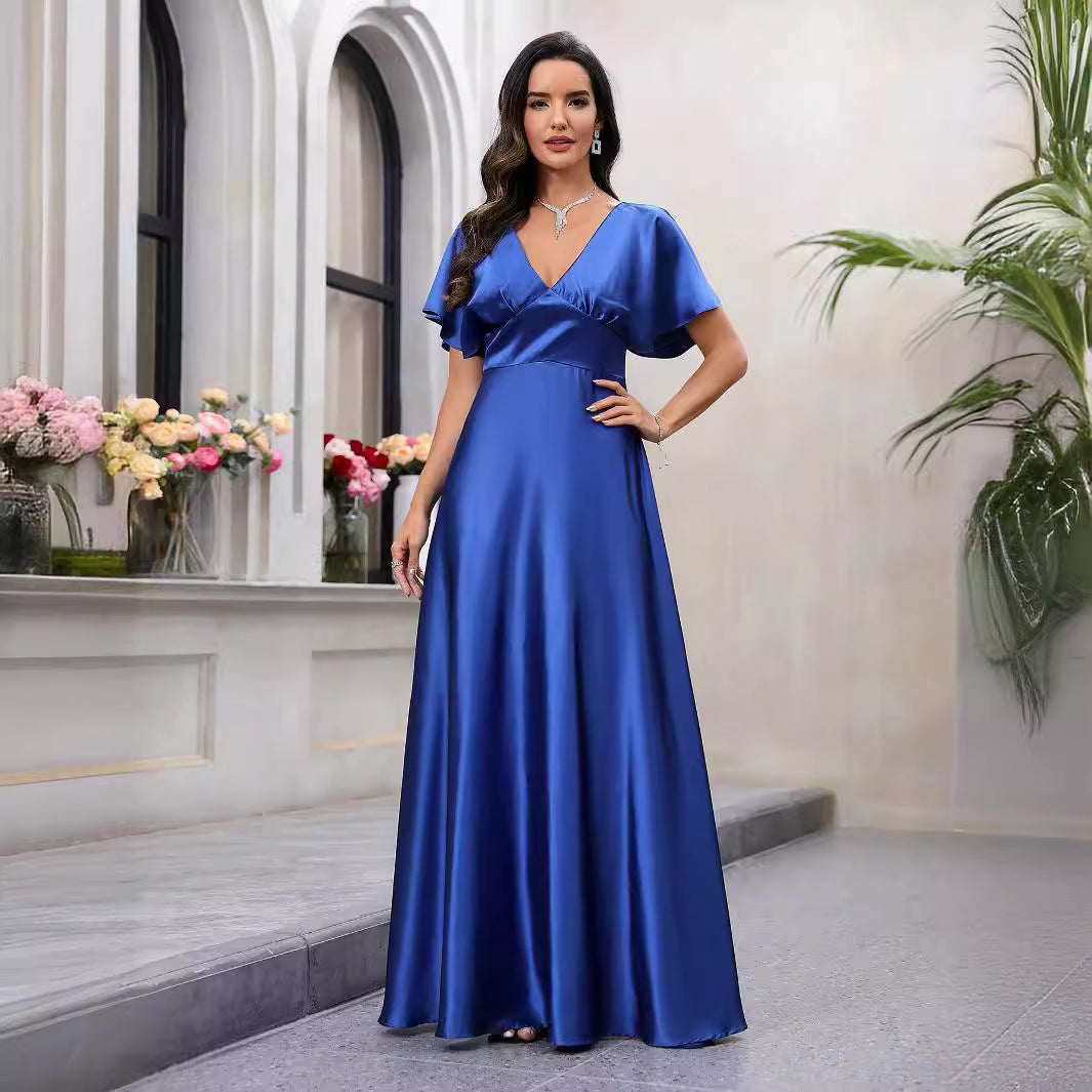Damen Maxikleid mit fließendem Satin und luftigen Ärmeln EB