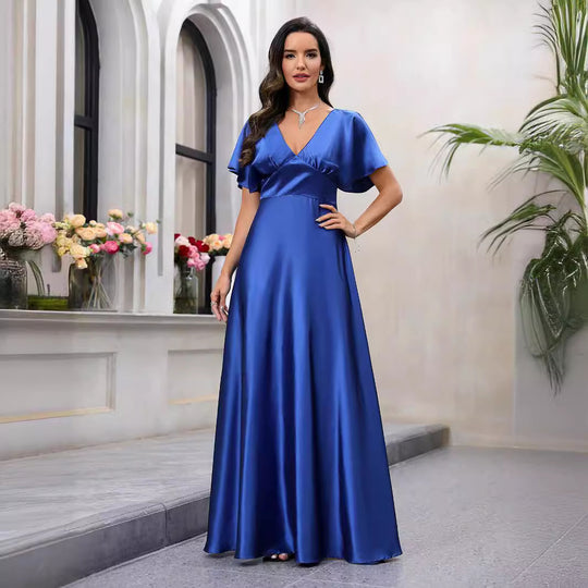 Damen Maxikleid mit fließendem Satin und luftigen Ärmeln EB