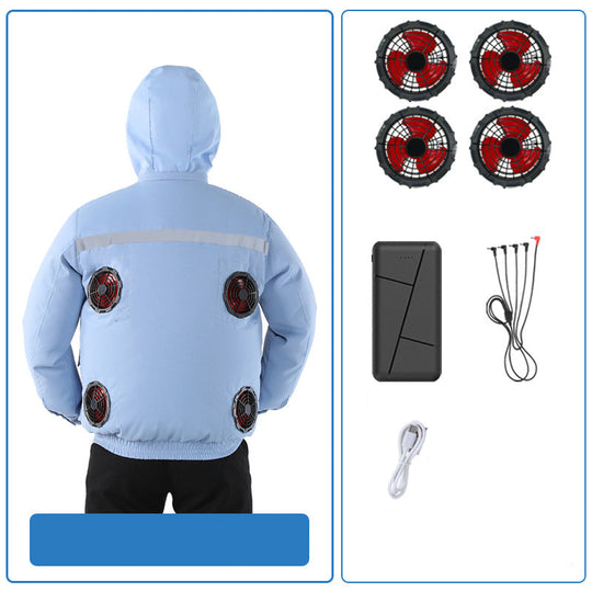 Unisex nan ventilated jacket for work and outdoor with integrated USB fans, battery compartment and hood EB
