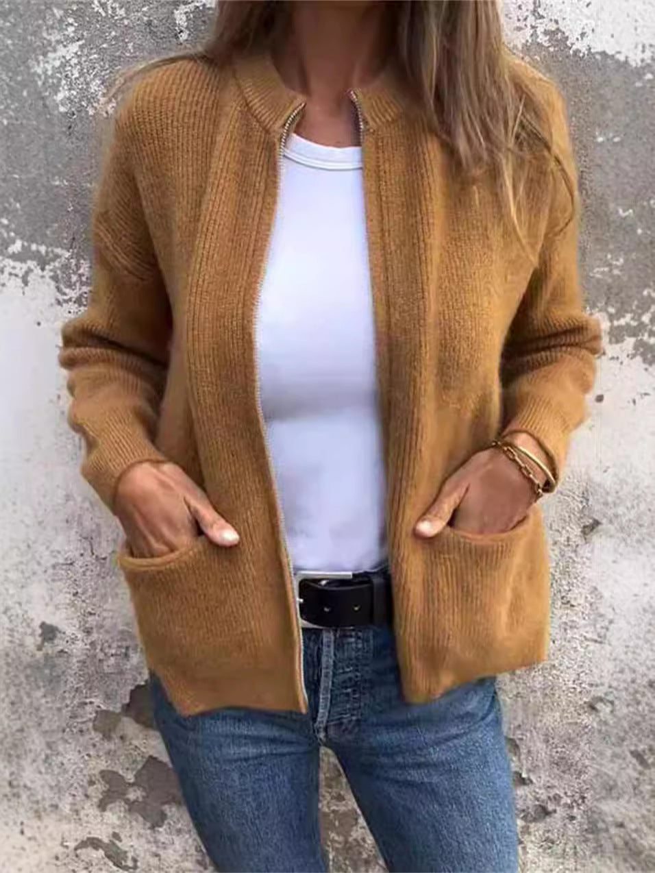 EB | Reißverschlussjacke - Lockere Passform - Rippstrick - Stehkragen - Lässige Taschen