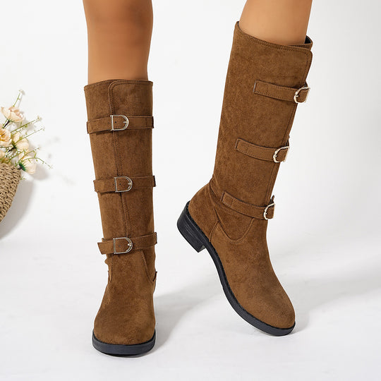 Damen Modische Stiefel mit dekorativen Schnallen und komfortablem Blockabsatz EB