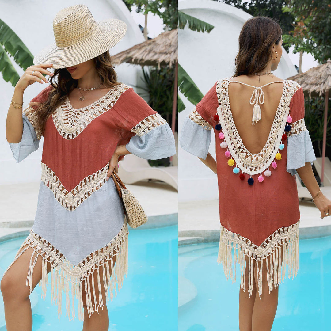Damen Strandkleid mit eleganten Fransen und trendigem Häkelmuster EB